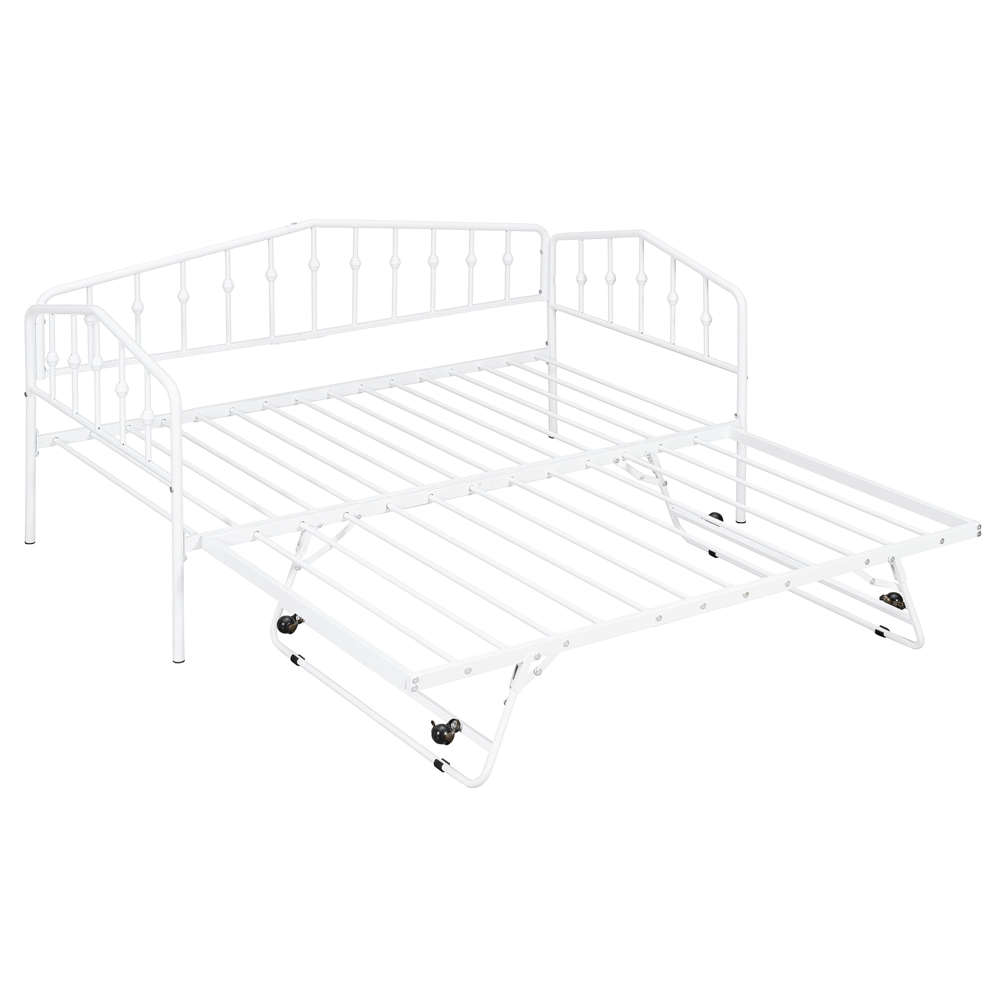 GARITIN Twin Size Metal Daybed with Adjustable Trundle, Portable Folding Trundle Bed Frame for Guest Room, White