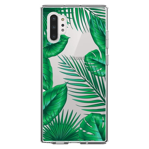 DistinctInk Clear Shockproof Hybrid Case for Galaxy Note 10 PLUS (6.8" Screen) - TPU Bumper, Acrylic Back, Tempered Glass Screen Protector - Green Tropical Leaves