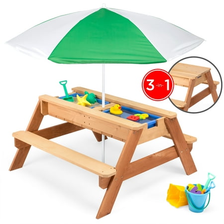 Best Choice Products Kids 3-in-1 Outdoor Wood Activity/Picnic Table with Umbrella and 2 Play