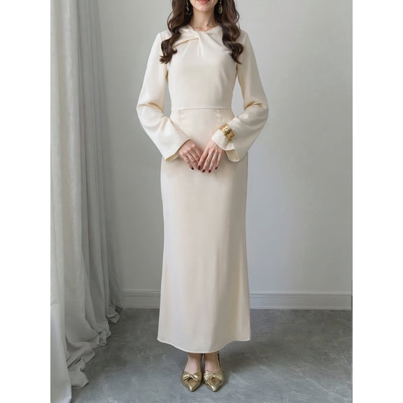 OYYN Women's Satin Mermaid Maxi Dresses Casual A-Line High Waist Flare Sleeve Long Dress Cream White Plus Size Elegant Dresses