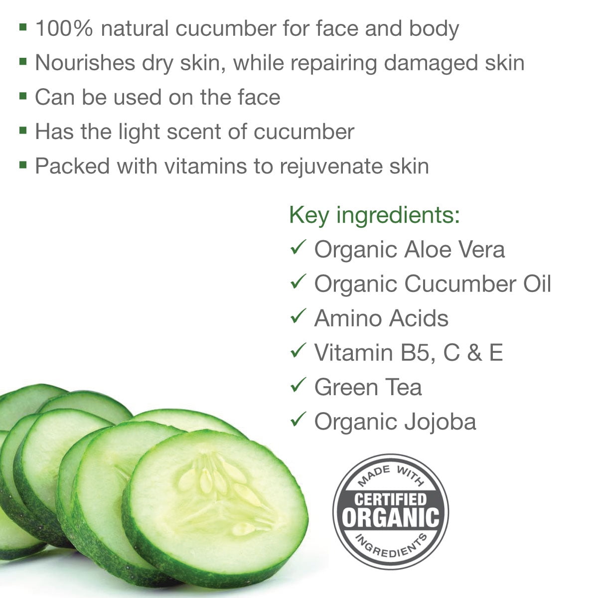 Cucumber Cooling Gel - Organic Cucumber, Vitamin C & Aloe Vera