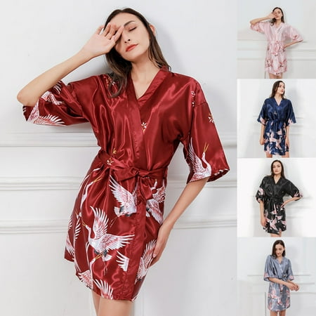 

Naierhg Summer Women Ice Silk Fabric Lady Nightgown Crane Flower Print Short Bathrobe