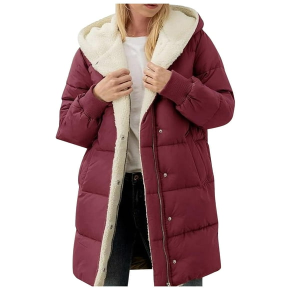 Kcodviy Ladies Solid Color Hooded Womens Plus Size Snowboard Jacket Padded Jacket Long Sleeve Mono Coat Double Velvet Slim Temperament Thin Down Cardigan Coat Jacket