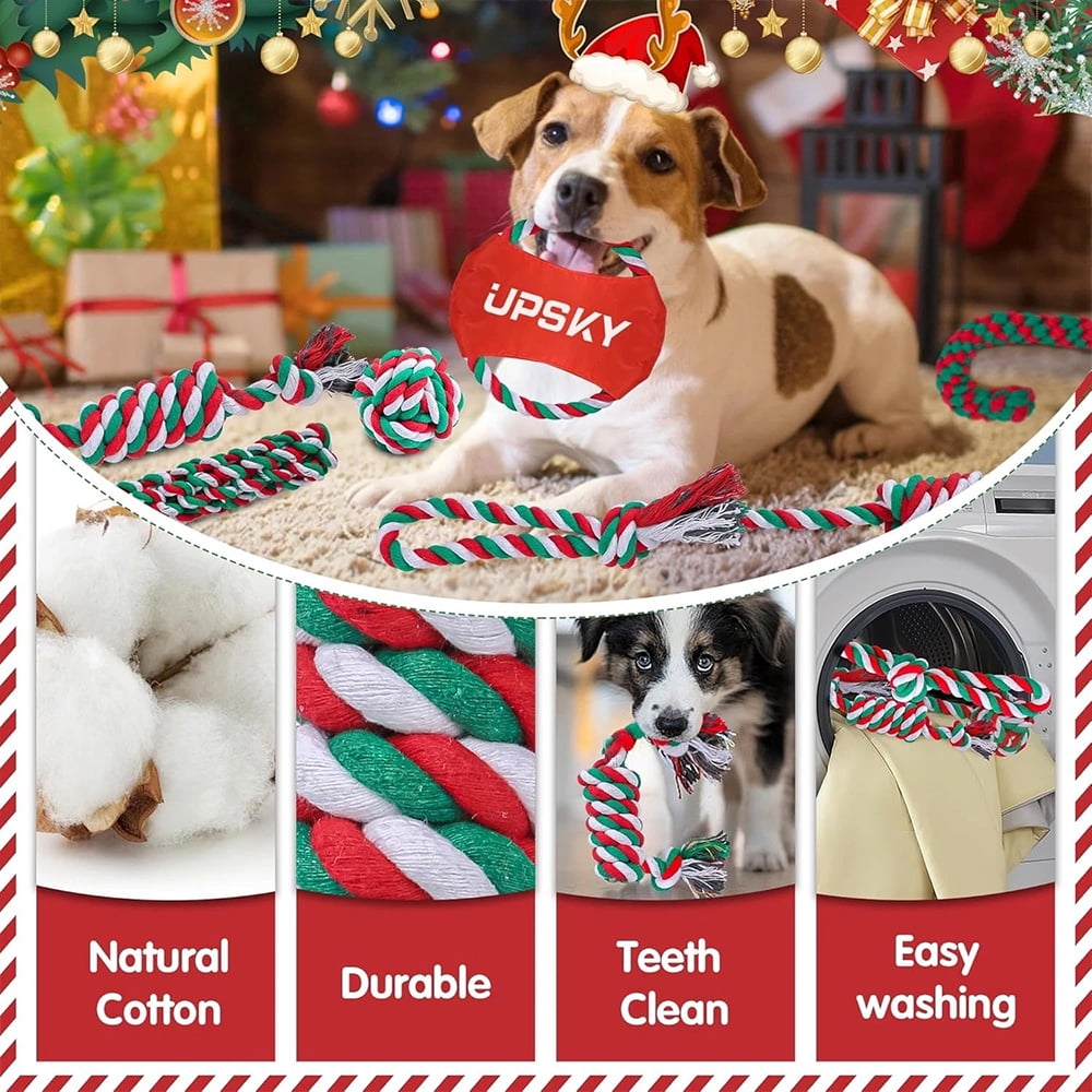 UPSKY 10Pack Christmas Dog Rope Toys Sturdy Interactive Puppy Chew Toys for Dogs Teething Training