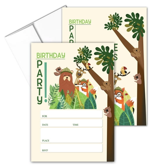 Stonehouse Collection Forest Fill in the Blank Party Invitations for Kids, 5 x 7