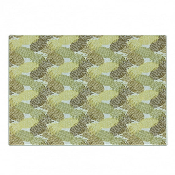 Pineapple Cutting Board, Summer Themed Overlapping Curving Exotic Tropical Pineapples with Lines Print, Decorative Tempered Glass Cutting and Serving Board, Small Size, Multicolor, by Ambesonne