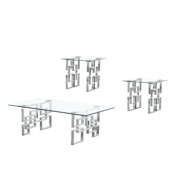 3pc Clear 10mm Tempered Glass Coffee Table Set with Silver Stainless Steel