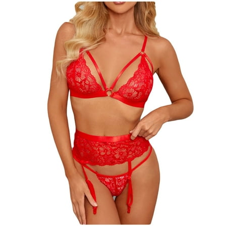 

Hesxuno Lingerie for Women Sexy Women Lace Lingerie V-Neck Bra Thong with Garter Underwear Pajamas Suit Set