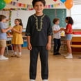 thumbnail image 5 of Kids' Gold Thread Embroidery 2-Piece Suit Set, 2026 New Half Button Round Neck Long Sleeve Top and Matching Straight Leg Pants, Formal Occasion Outfit for Boys and Girls - Black, 5 of 7