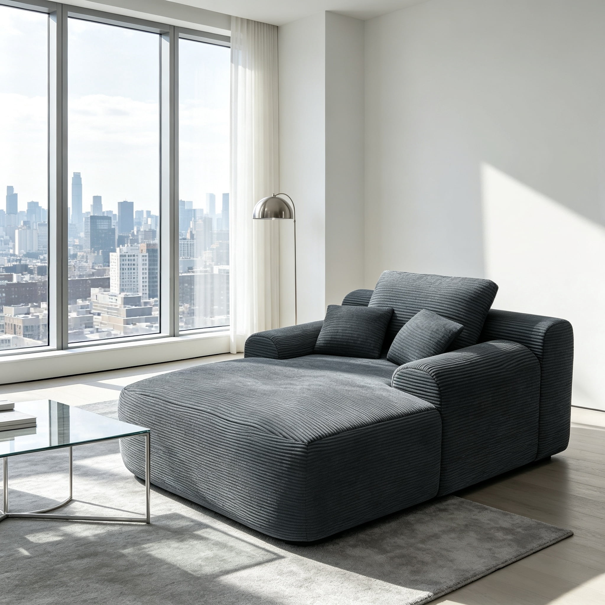 ShiKeyi 65'' Oversized Chaise Lounge Chair Indoor, Boneless Sofa Cloud Deep Seat Sleeper Sofa Bed, Plush Corduroy Chaise Couch with Pillows, No Assembly Required, Gray