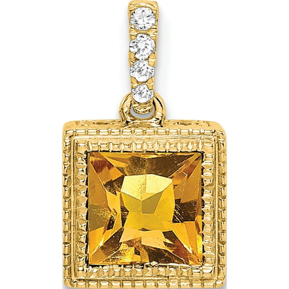 14K Yellow Gold Square Citrine And Diamond Pendant (Width 8.3) (Length 14.2) - Jbsp