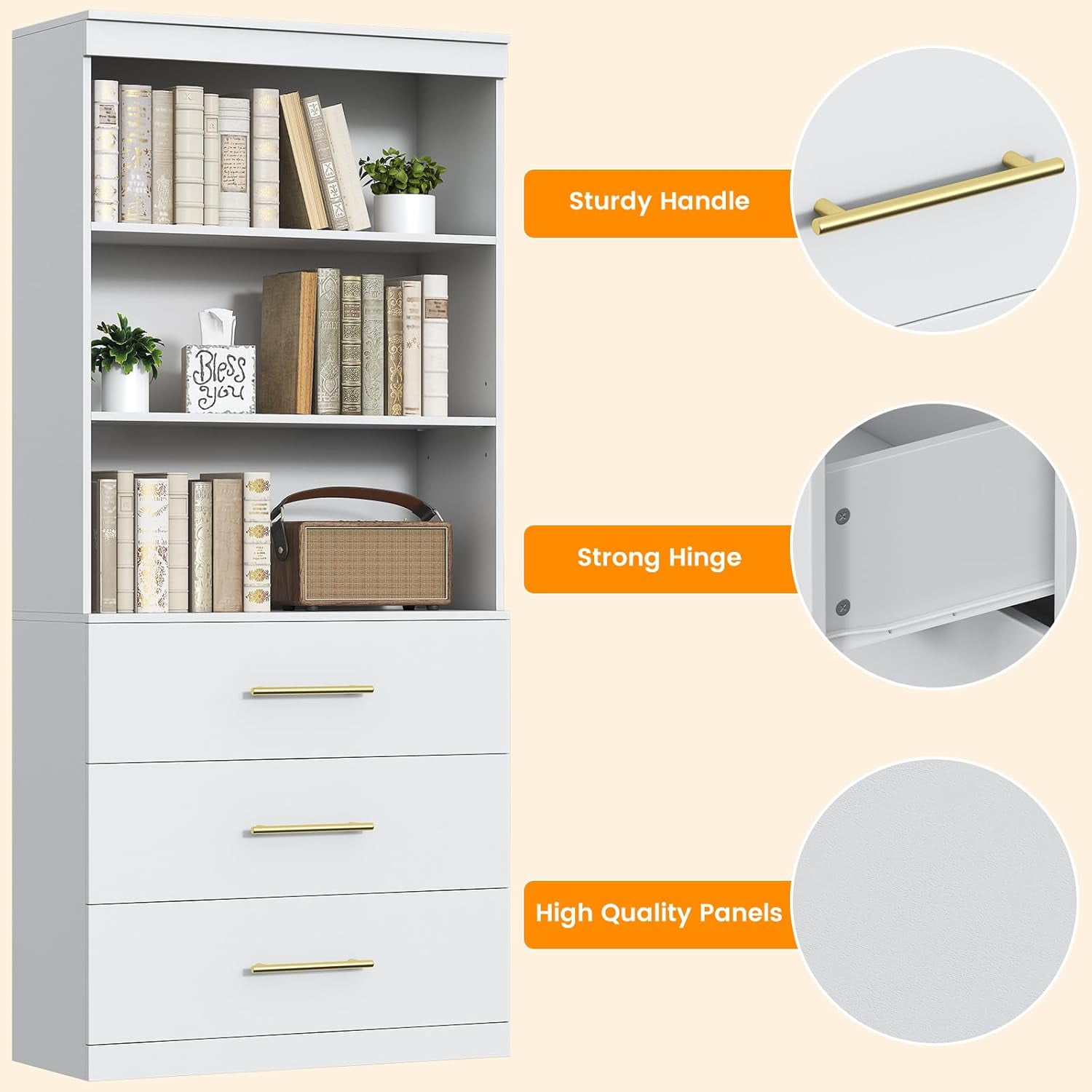 Frmobepts 71" Tall Bookcases with 3 Large Drawers & 3 Shelves, Wooden Bookshelf for Living Room Office, White