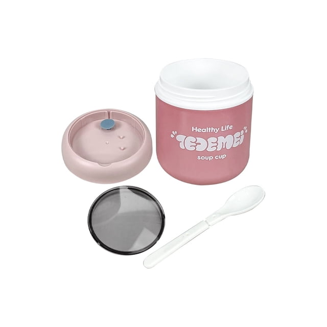 TAZON TERMO PORTATIL CON CUBIERTO de Acero inoxidable, silicón grado alimenticio, libre de BPA, ideal para usar en el micro ondas, incluye cuchara armable y válvula de temperatura.