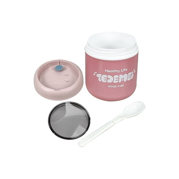 TAZON TERMO PORTATIL CON CUBIERTO de Acero inoxidable, silicón grado alimenticio, libre de BPA, ideal para usar en el micro ondas, incluye cuchara armable y válvula de temperatura.