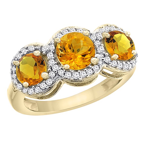 14K Yellow Gold Natural Citrine Round 3-stone Ring Diamond Accents, size 9.5