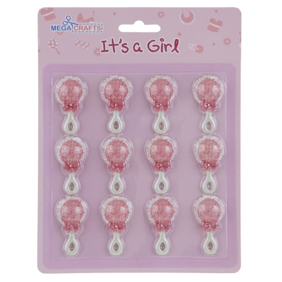 Mega Favors Keepsake Figurine 12 pcs Pink Baby Rattle Poly Resin Embellishments | Awesome Decorations or Party Favors | for Pregnancy Announcements, Gender Reveals, Birthday and Special Celebrations
