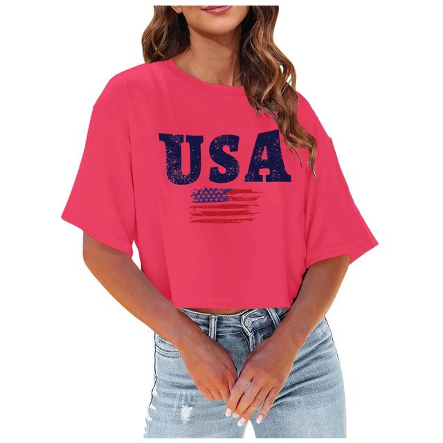 TSADFHJI Chandails en Molleton pour Femmes Sans Capuches Long T-Shirt Imprimé Fête de l'Indépendance Usa Décontracté Col Rond Manches Courtes TTG Rouge Melon D\'eau