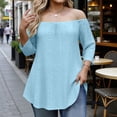 thumbnail image 2 of DDAPJ pyju Women's Off Shoulder 3/4 Sleeve Shirts Eyelet Casual Tunic Tops Plus Size Summer Blouses Light Blue XXXXXL, 2 of 7