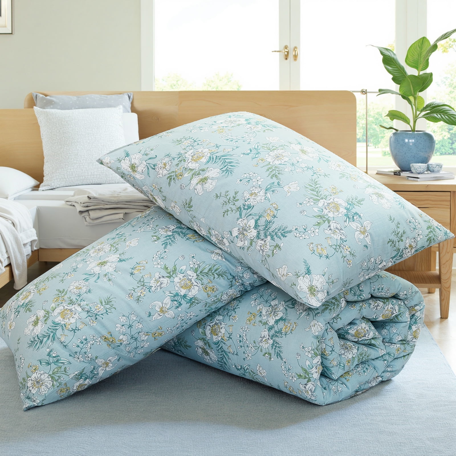 100% Cotton Comforter Set Queen Size, Botanical Floral Comforter with 2 Pillowcases, Vintage Garden Flowers Pattern, Soft Breathable Bedding for All Seasons