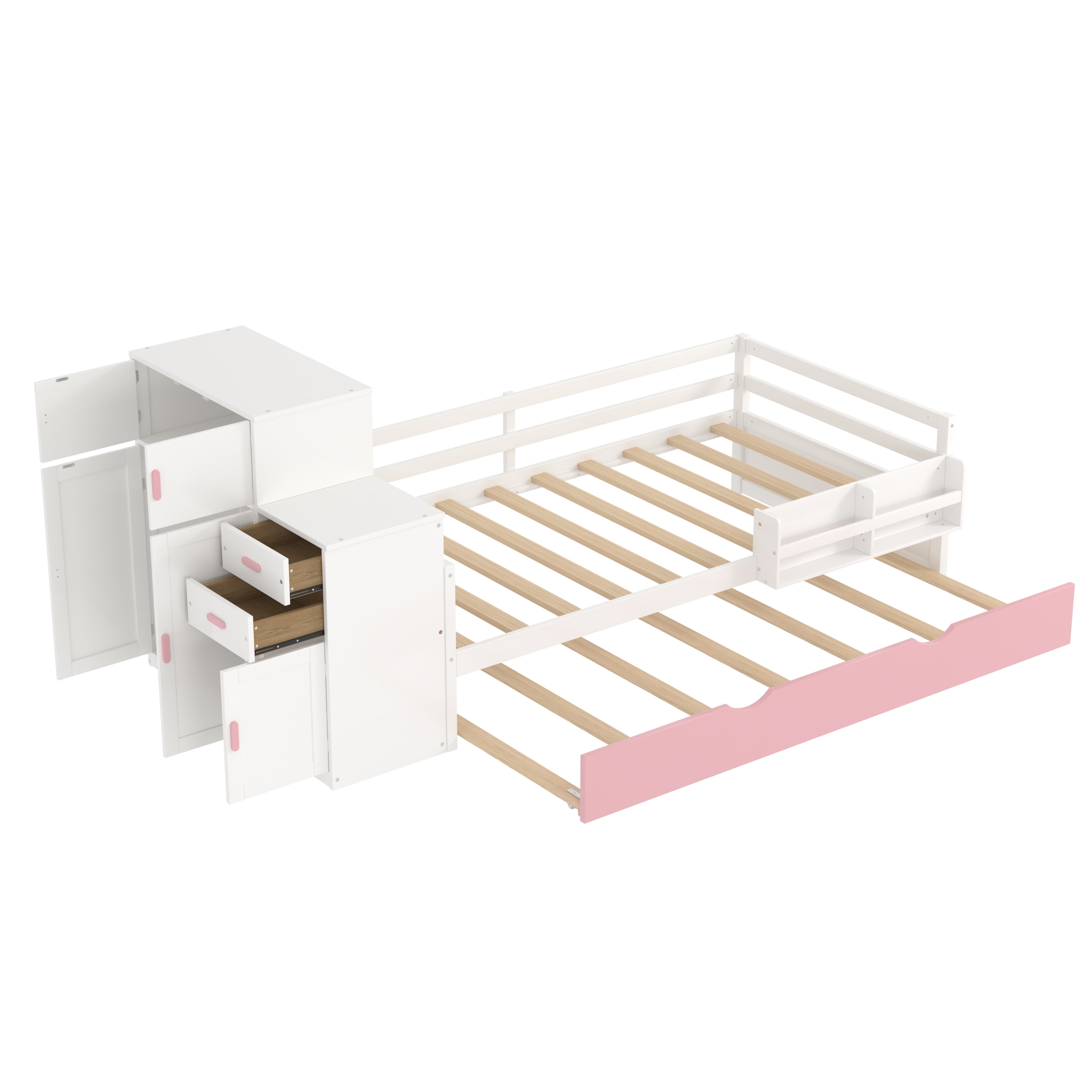 Gewnee Modern Twin Size Wood Platform Bed with Bookshelf and Movable Wardrob Bed Frame
