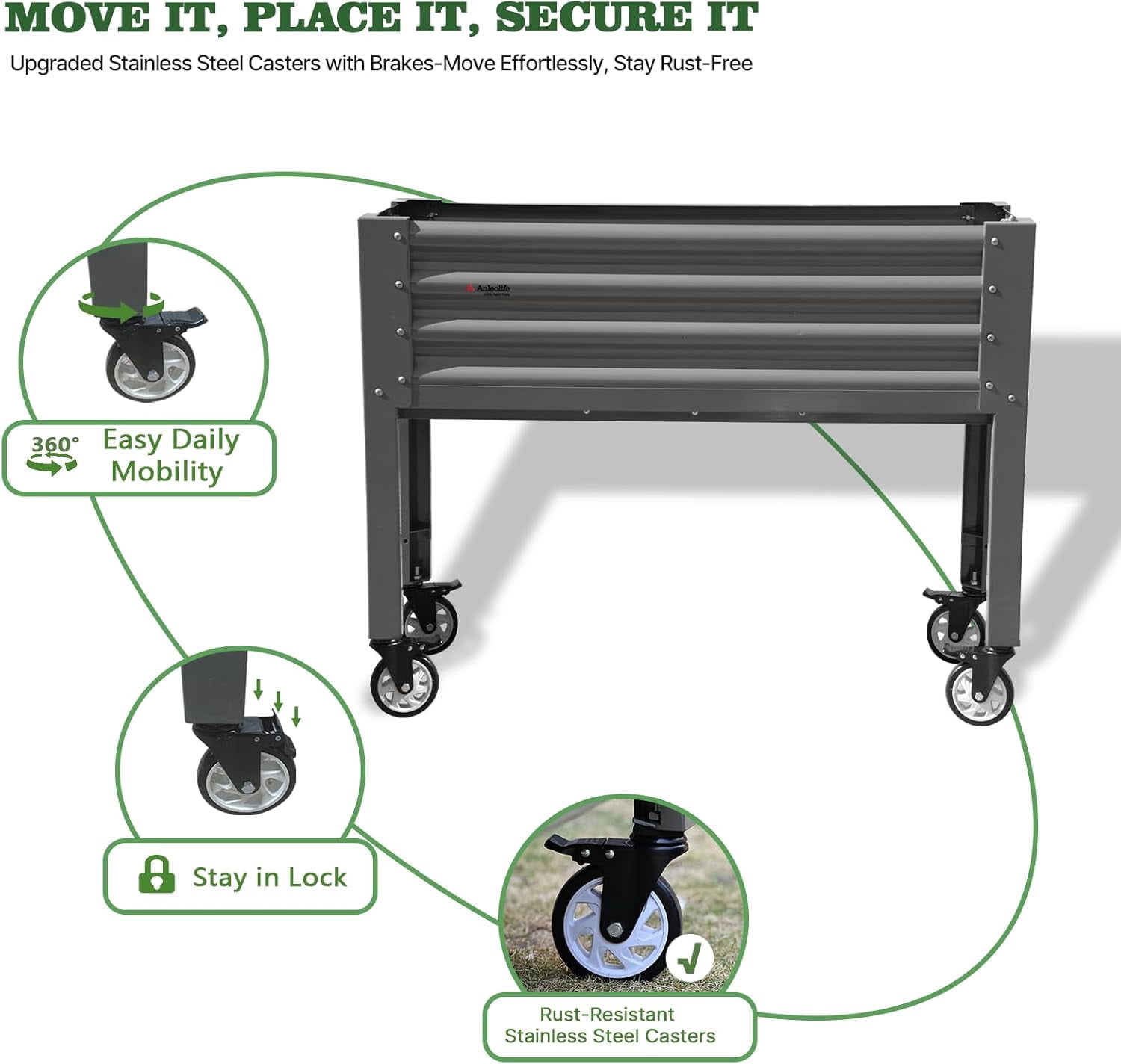 A ANLEOLIFE Elevated Raised Garden Bed with Lockable Wheels, 48x18x35 in Galvanized Steel Planter Box with Legs, Waist-High Design, Reinforced Frame for Balcony, Patio & Porch, Quartz Grey