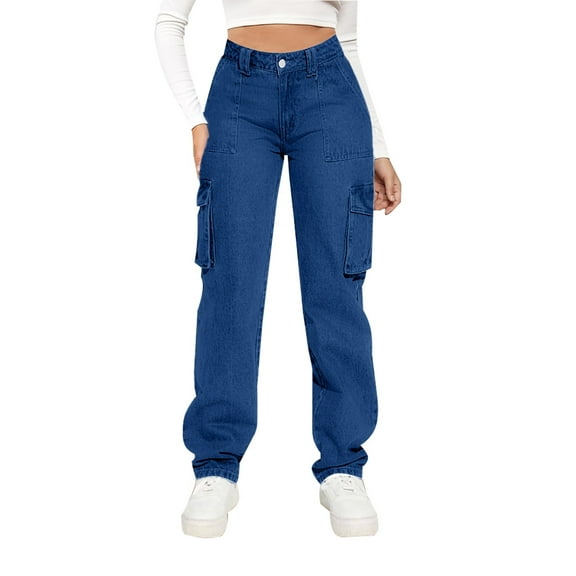Women High Waisted Cargo Jeans with Pockets, Straight Wide Leg Boyfriends Jean Pants Casual Baggy Denim Trousers ladies Baggy Barrel Jeans Blue S