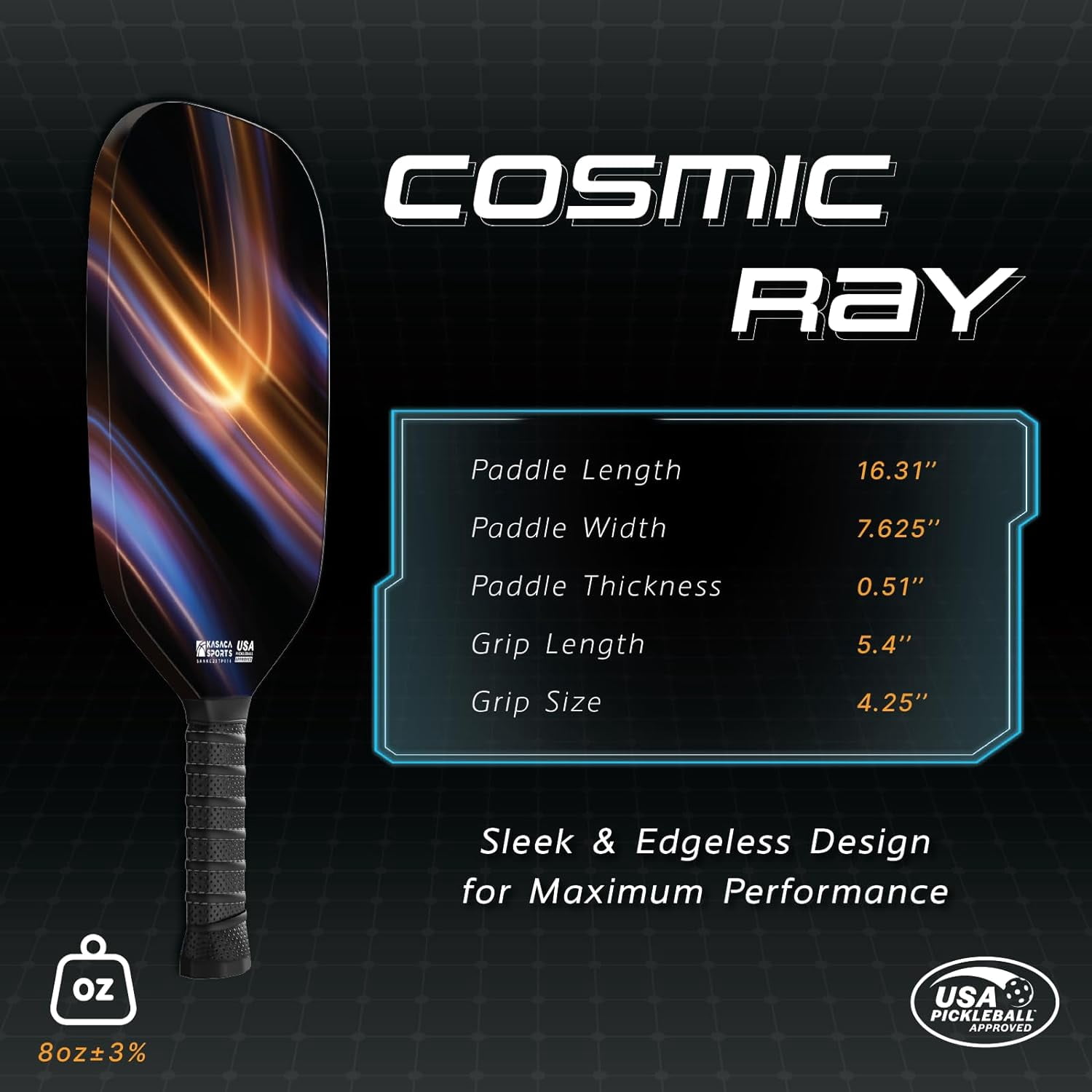 Kasaca Cosmic Ray Edgeless Graphite T700 Multilayer Carbon Fiber Pickleball Paddles, Longer Handle Comfort Grip, Large Sweet Spots, USAPA Approved, for Intermediate & Advanced Players