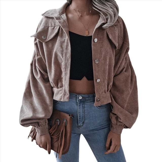 Chaqueta Corta de para Mujer, Otoño/Invierno, Informal, de Larga, con Botones, y Caqui S