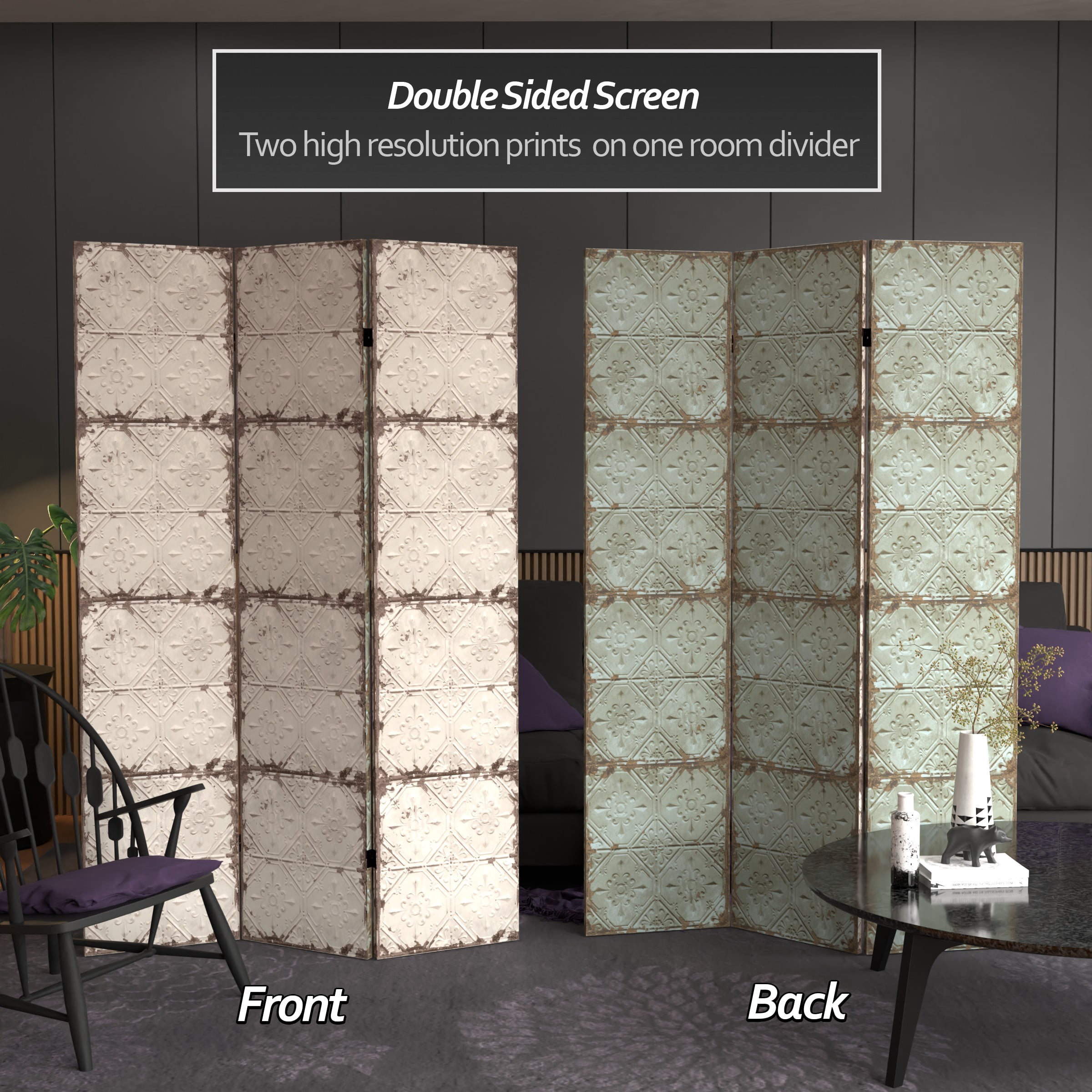 Oriental Furniture 6 ft. Tall Antiqued Paneling Canvas Room Divider - 3 Panel