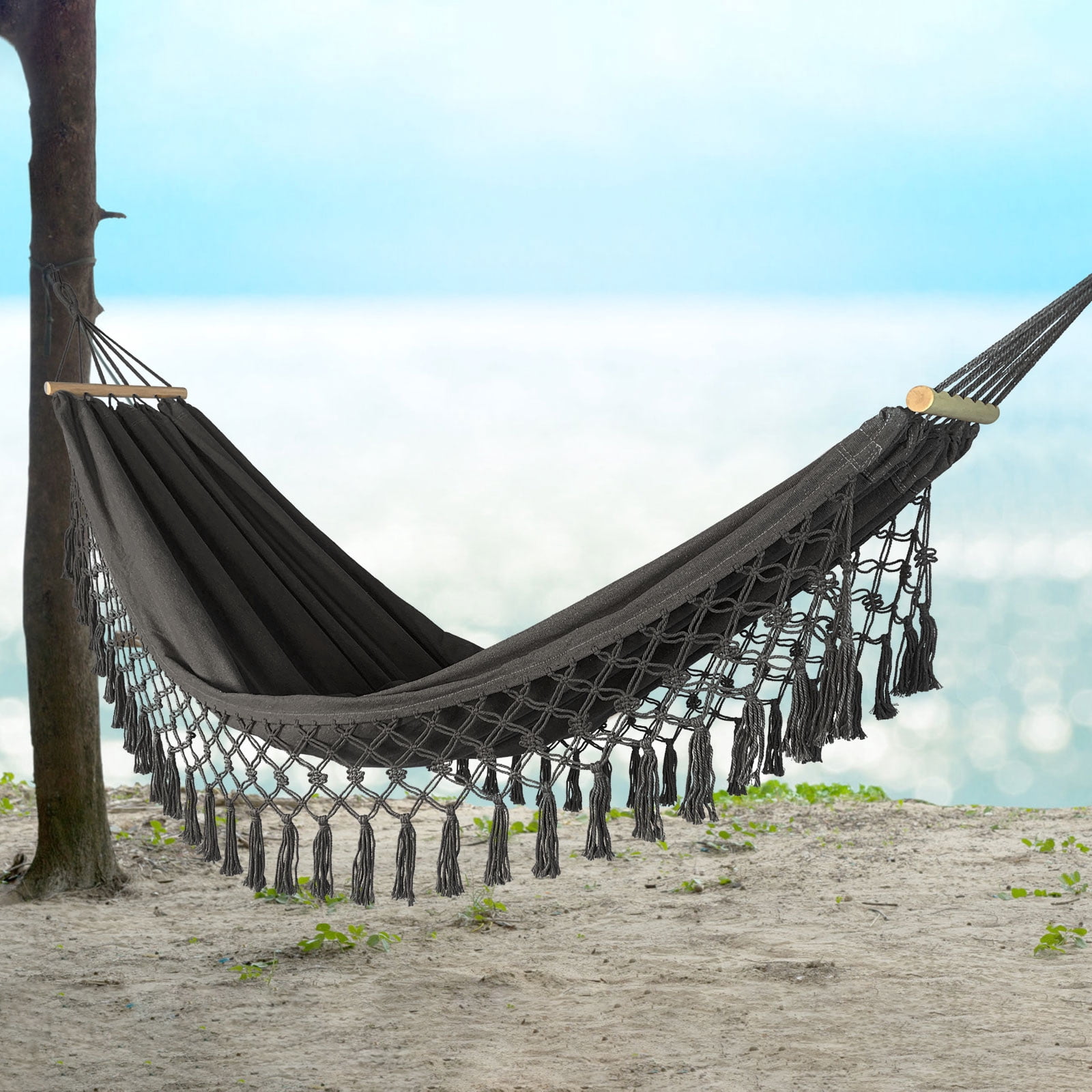 Portable Hammock Boho Tassel Nest Hammock Camping Double Hanging Swing Bed Suitable for Yard, Beach, Backyard, Garden (Dark Gray)