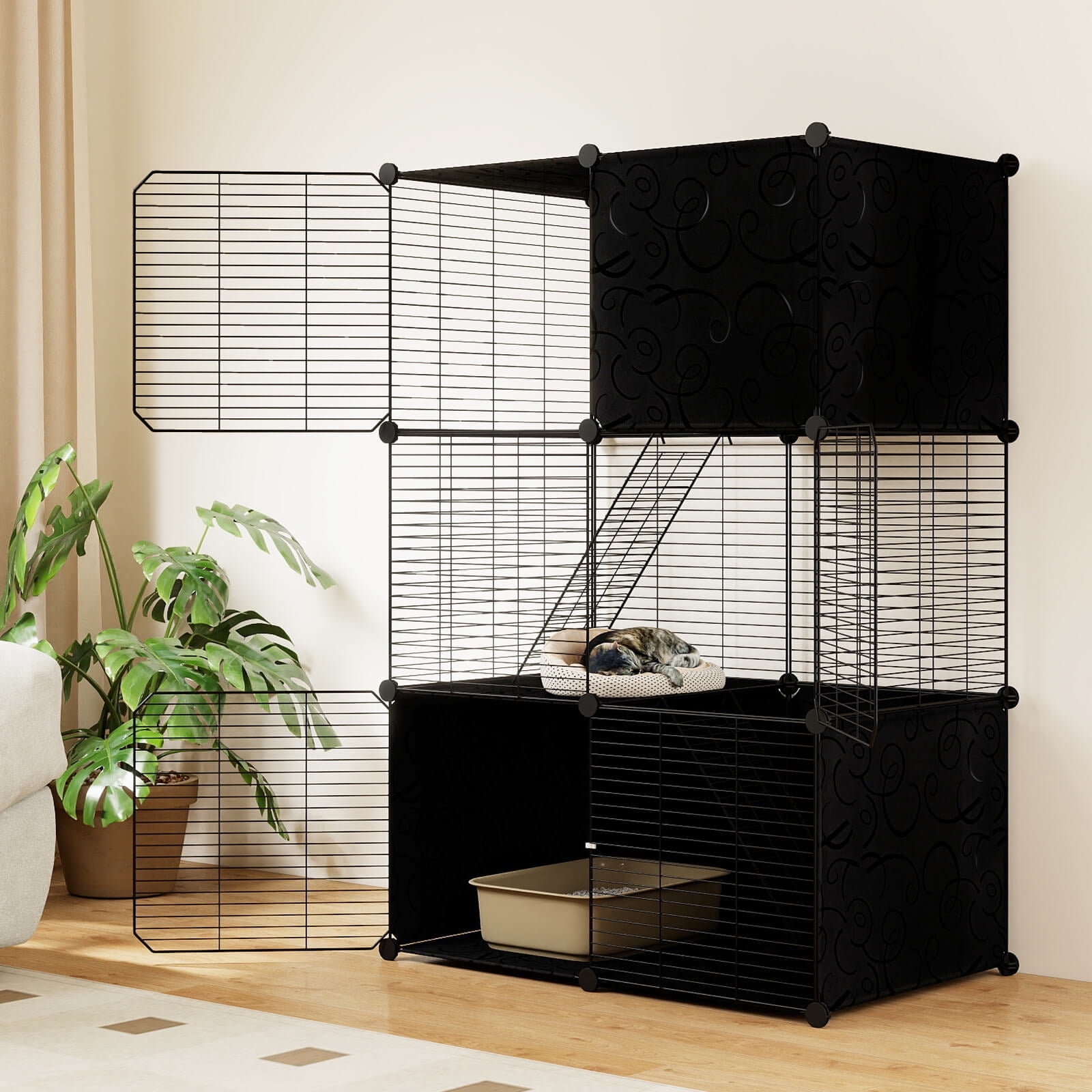 Costway 3-Tier Indoor Metal Wire Kitten Enclosure with 2 Ramps, Pet Pen for Small Animal Black