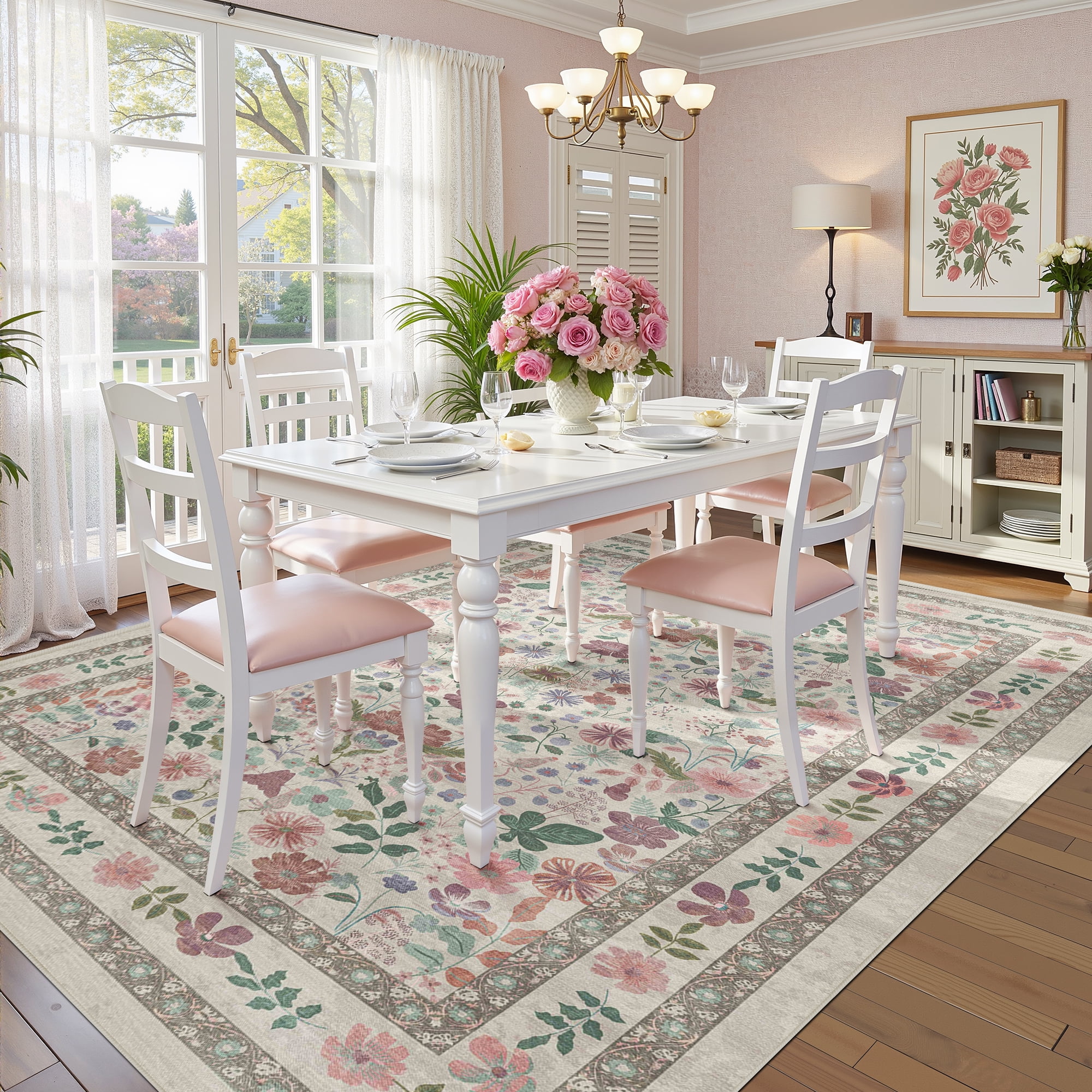 ATHOPE 5x7 Area Rugs for Living Room Bedroom, Floral Washable Soft Low Pile Rug with Non-Slip Backing, Large Vintage Distress Print Pattern Carpet, Beige Pink Floral