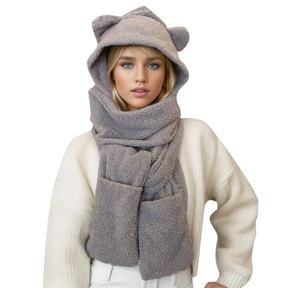 HNMKIU Women's Cartoon Cute Bear Hat and scarf for women Autumn Lightweight Warm Comfortable Ear Surround Connect Hat for Ladies 02_Grey,One Size