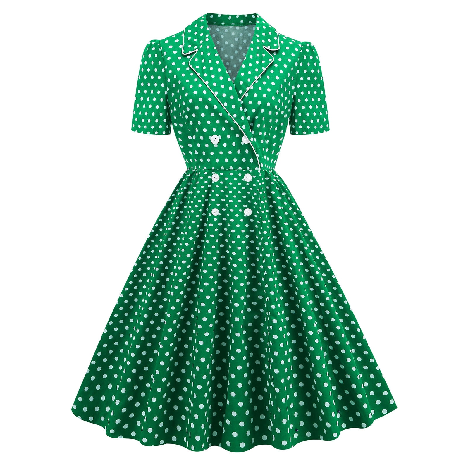 Robe Évasée Froncée pour Femmes à Pois Imprimé Double Boutonnage Blazer à Manches Courtes Vintage