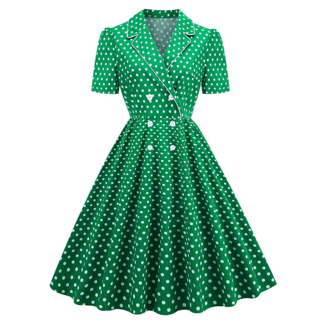 Robe Évasée Froncée pour Femmes à Pois Imprimé Double Boutonnage Blazer à Manches Courtes Vintage