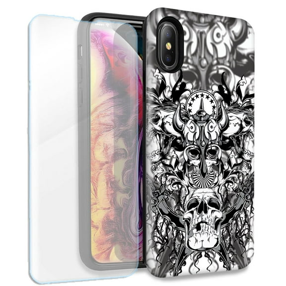 Mundaze Viking Skulls Double Layer Case w/Glass Screen Protector For Apple iPhone XS Max