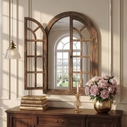 TEWLOSS Farmhouse Arched Wall Mirrors 36x24 Window Mirror Decor Wood Frame for Bathroom Bedroom, Natural