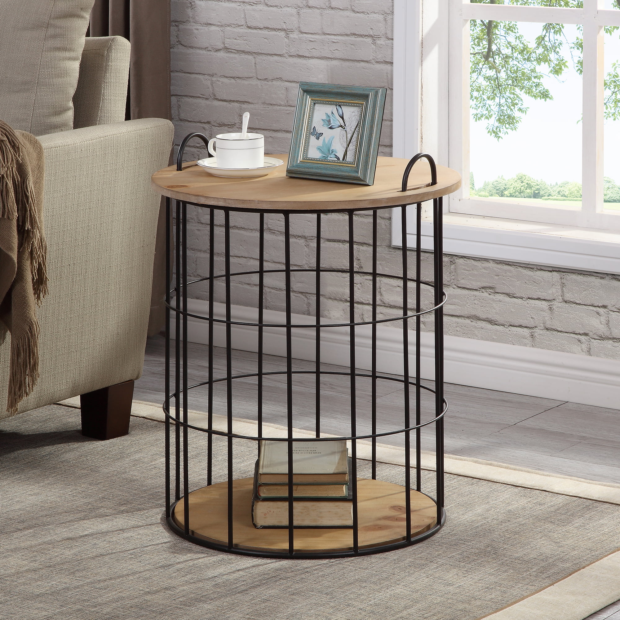 Einfach Round End Side Table with Fabric Storage Basket Industrial Table Night Stand Wood Top with Black Metal Frame,24 H,Rustic/Grey 