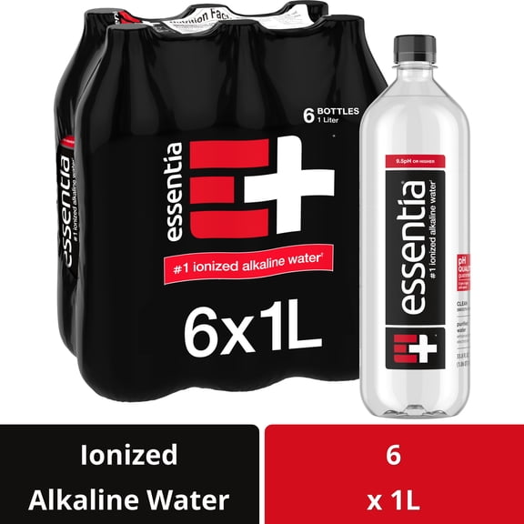 Essentia Bottled Water 1 Liter, Ionized Alkaline Water, 6 Pack