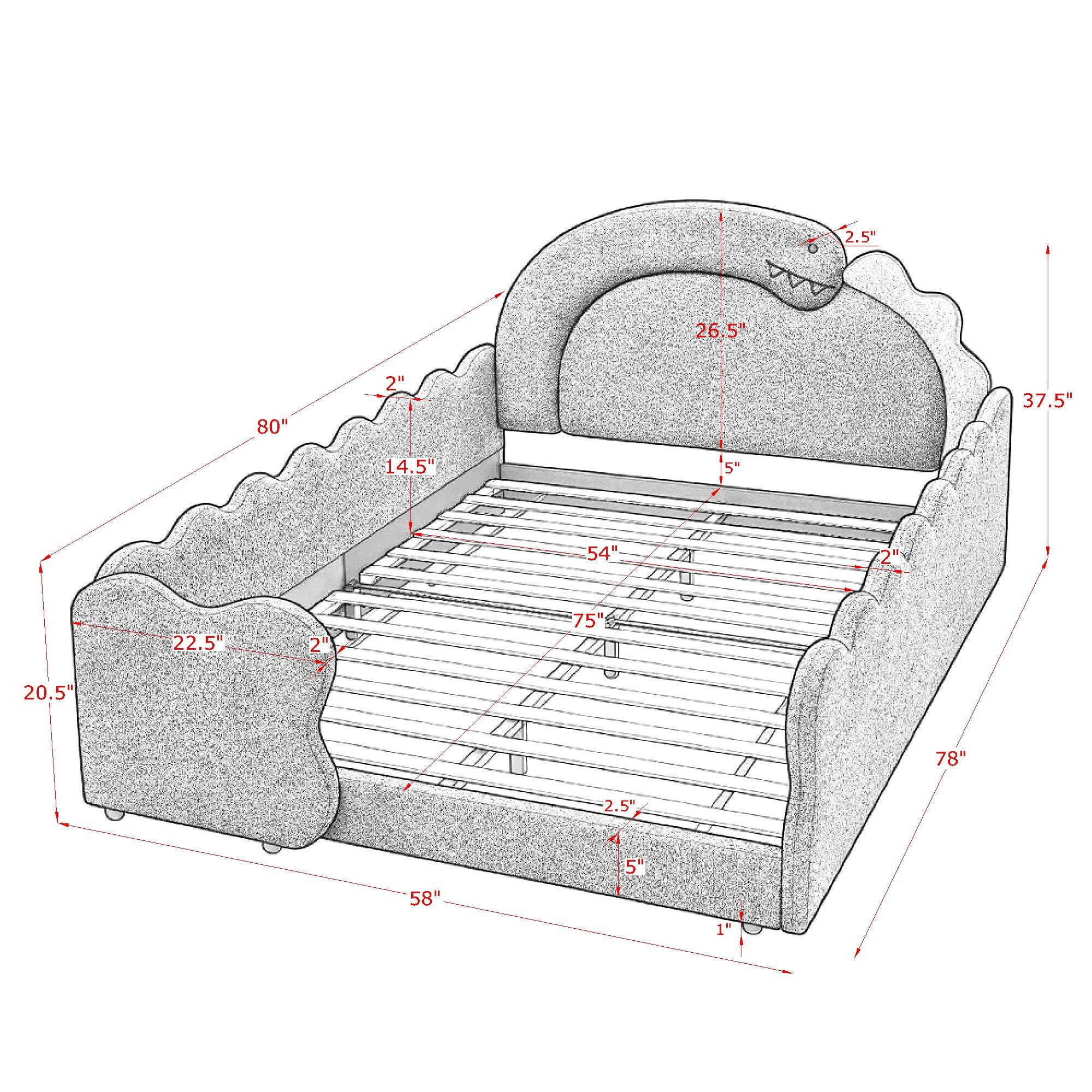 Avobird Full Size Cute Dinosaur-Shaped Kids Bed with Safety Guardraild, Solid Wood Toddler Bed Frame for Children for Bedroom, Boucle Fabric, Navy Blue