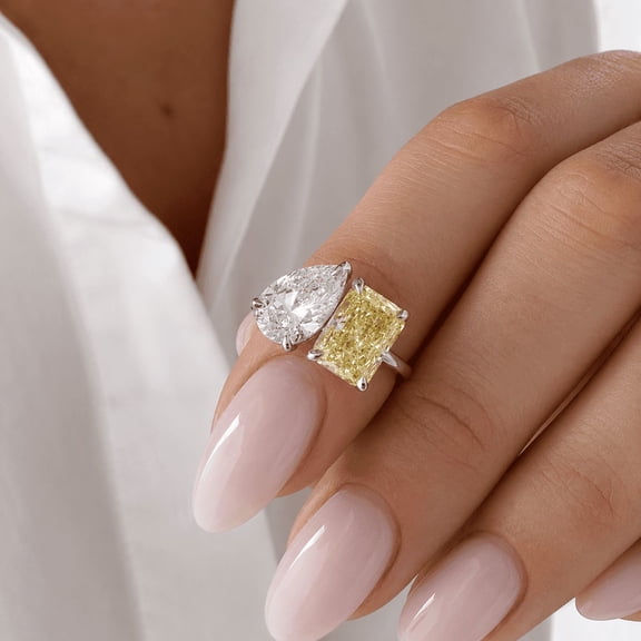 Jewelerix Statement Pear & Radiant Cut Toi Et Moi Engagement Ring, Yellow & White Moissanite Ring, Unique Bridal Wedding Ring, Minimal Gold Promise Ring