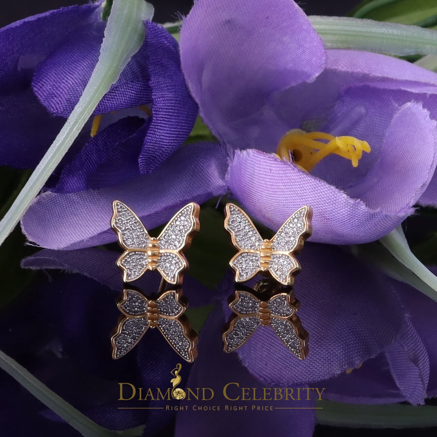 Diamond Celebrity's Butterfly Stud Earrings Yellow 925 Sterling Silver Women's 0.50ct Cubic Zirconia