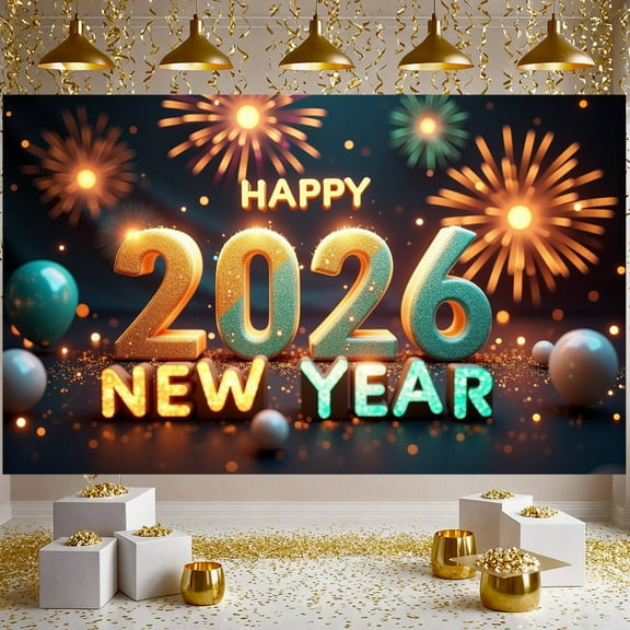 Gold Glitter Happy New Year Banner Teal Accent 2026 New Year Display Fireworks Design Balloon Decor New Year Backdrop for New Year Eve Holiday Celebration Party Decoration