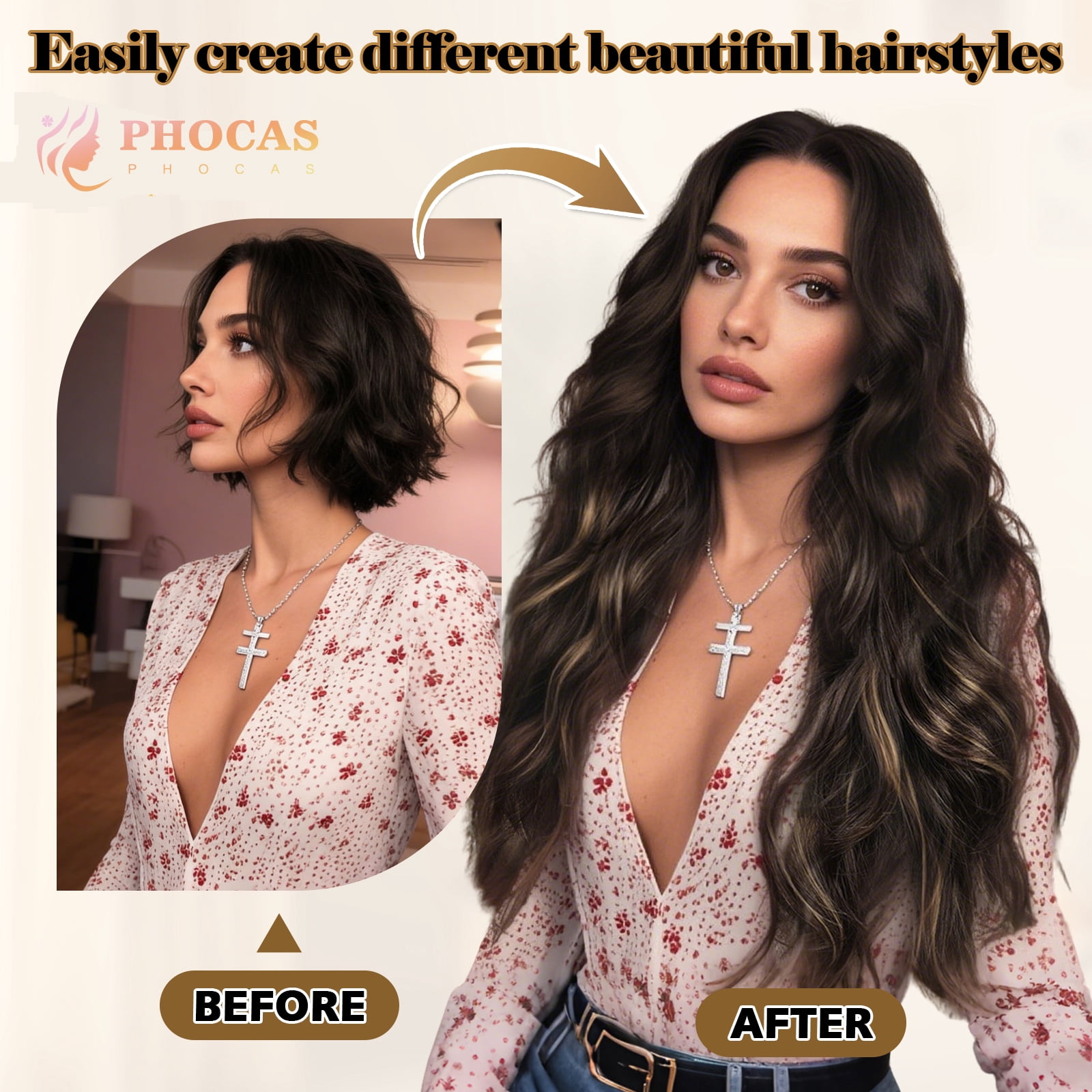 Phocas Long Curly Brown Wigs for Women 26inch Body Wave Highlight Blonde Wig