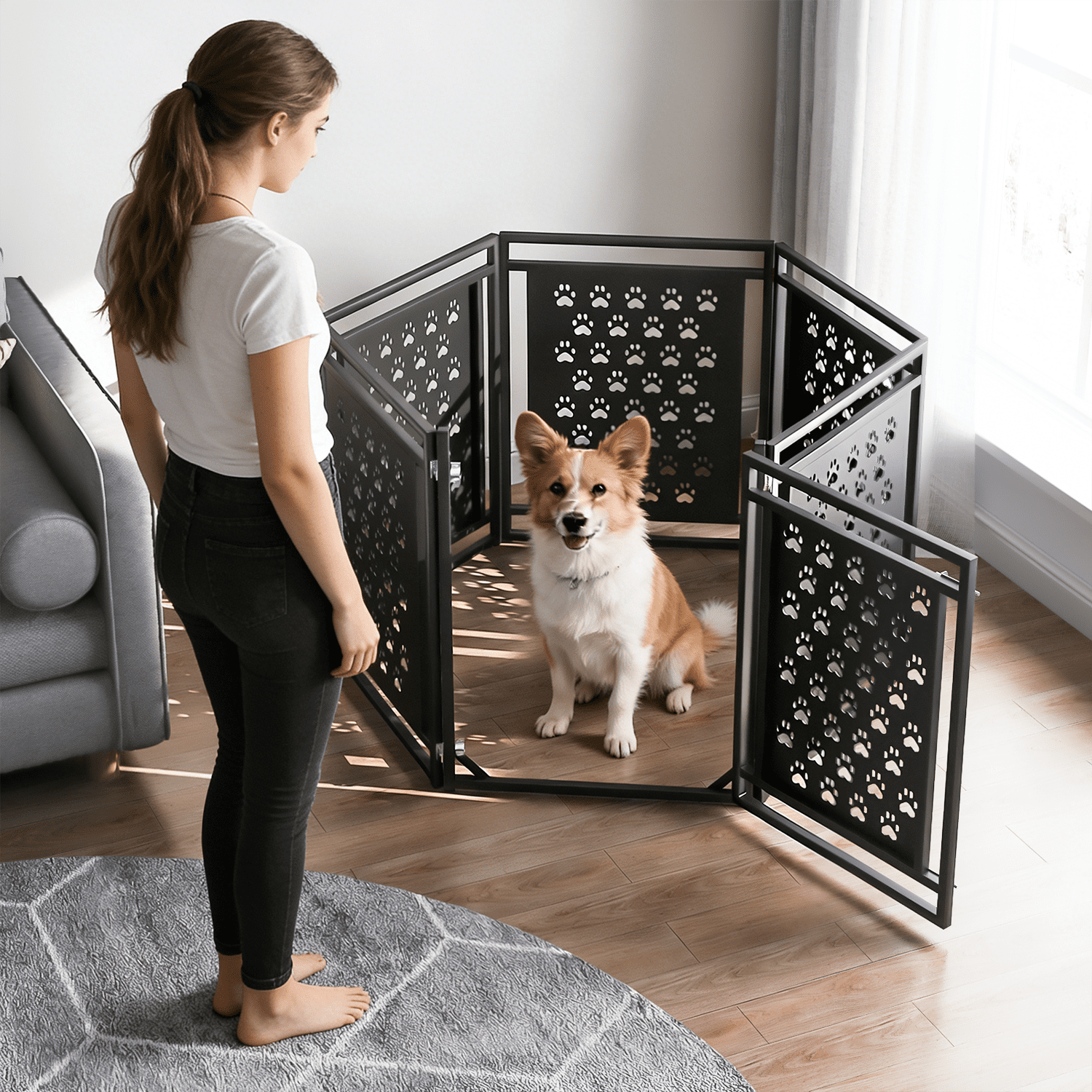 142" Wide Baby Gate, Play Yard Child Safety Fence/Guard, Adjustable Freestanding Pet Gate, Double Locking System for House Doorways, Fireplace, Kitchen, 6-Panels