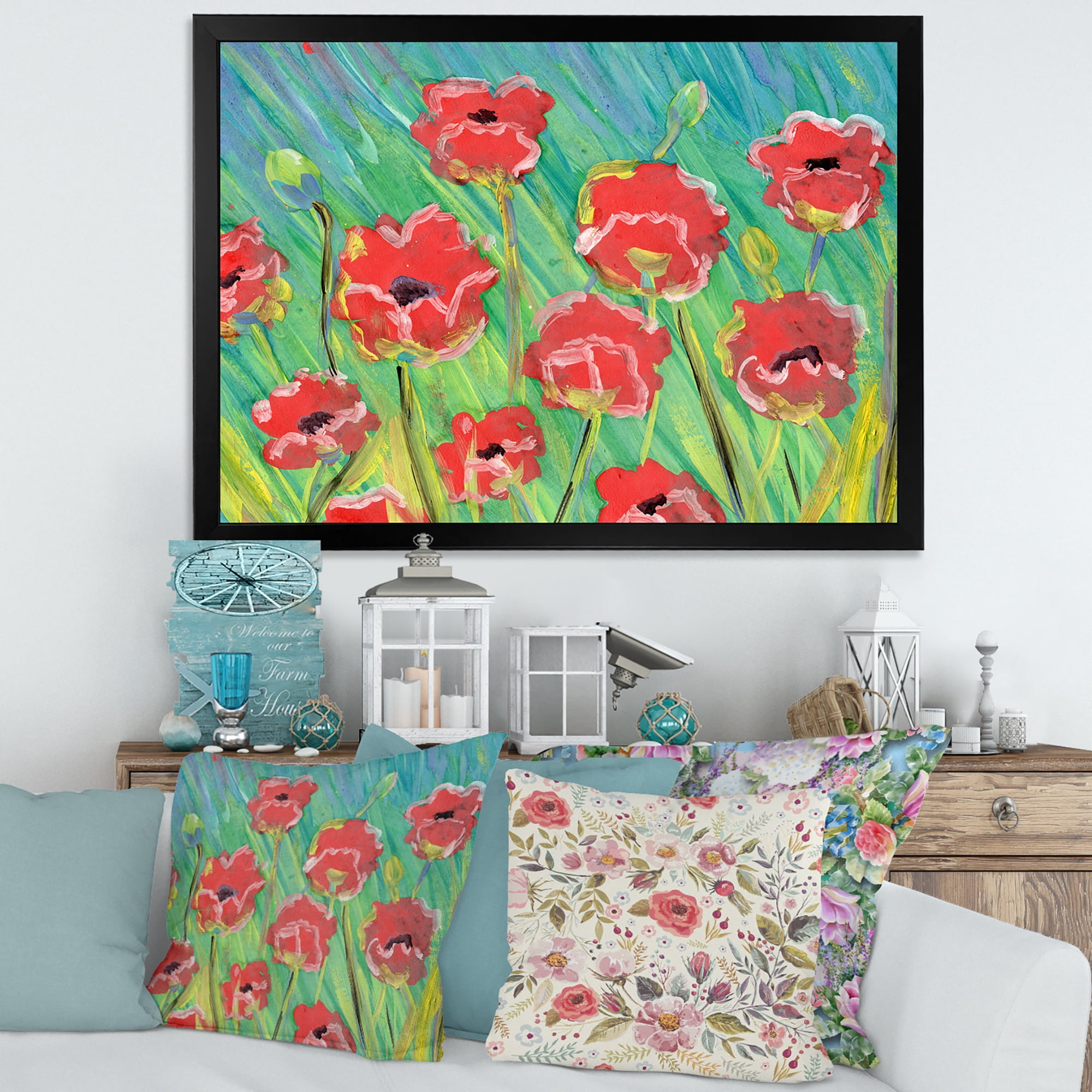 Designart 'Gouache Of Blooming Red Poppies' Traditional Framed Art Print