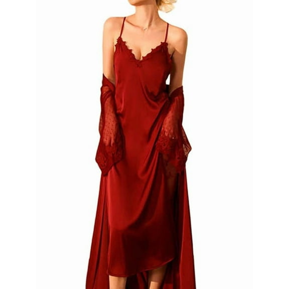 Women'S Casual Sleeveless V-Neck Suspender Maxi Dress Nightdress Satin Home Clothes Wine Red L