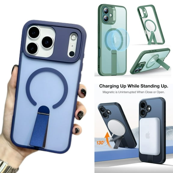 For Apple iPhone 17 Pro Max Kickstand Case Magnetic Frosted TPU Slim Shockproof Protective Phone Cover [Blue]