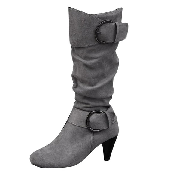 Cmunyle Suede Mid Calf Boots For Women Double Buckle Round Toe Mid Heel Side Zipper Fashion Flock Material Us Size 7