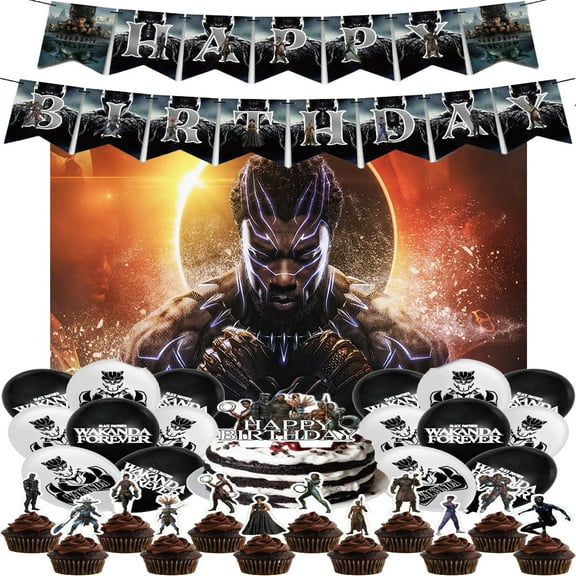 Black Panther Birthday Decoration - Hero Themed Party Supplies Set includes Cupcake Toppers, Cake Topper, Happy Birthday Banner, Balloons, Background